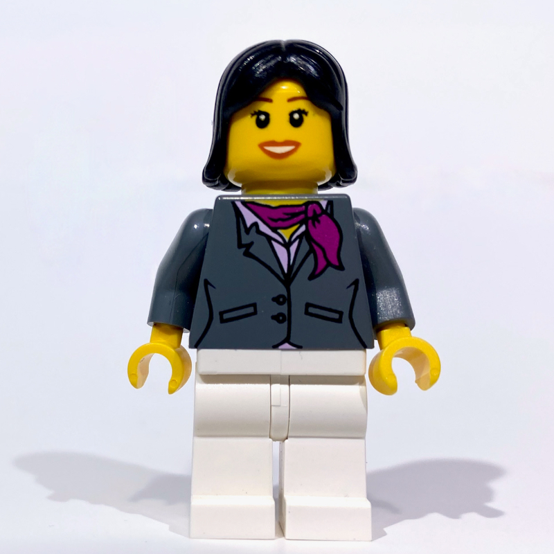 LEGO Woman, Dark Bluish Gray Jacket with Magenta Scarf, White Legs, Black Hair (fig-000038)