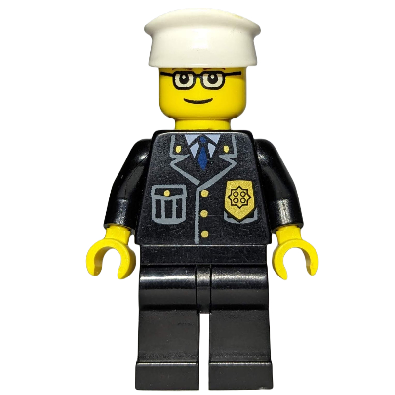 LEGO Policeman, Black Jacket with Pocket and Badge, White Hat, Glasses (fig-000045)