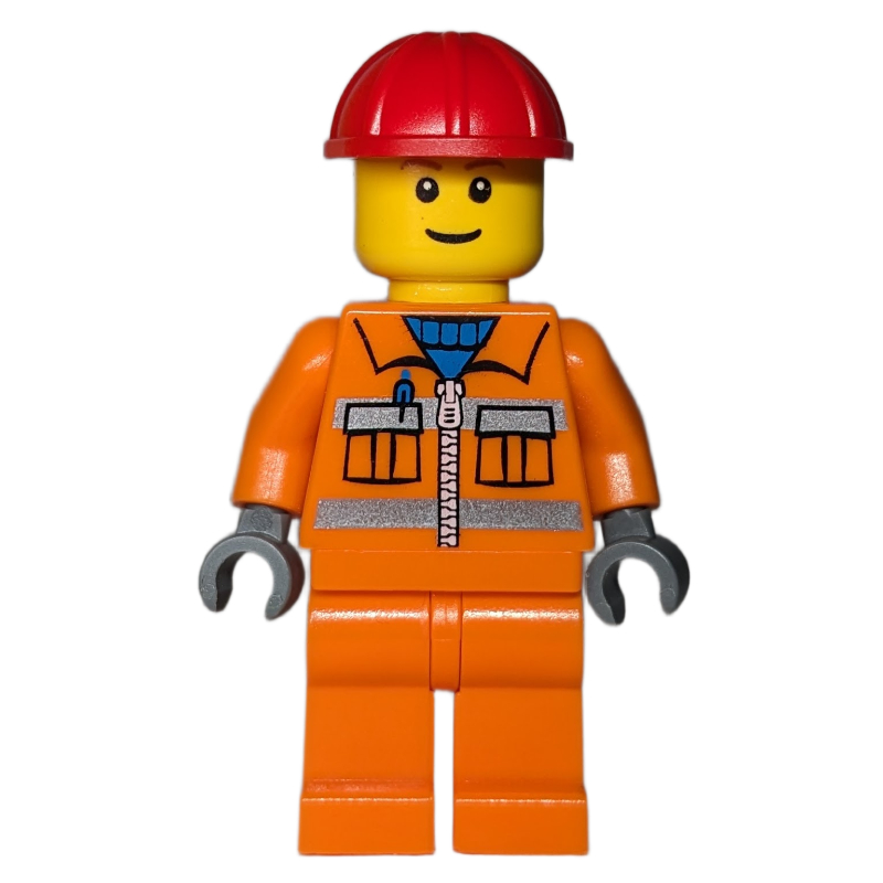 LEGO Construction Worker, Orange Jacket with Zipper and Reflective Stripes, Orange Legs, Red Hard Hat, Brown Eyebrows (fig-000048)