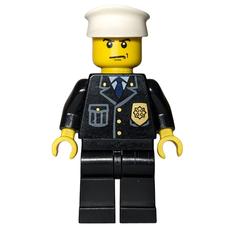 LEGO Policeman, Black Suit with Badge, White Hat, Scowl (fig-000052)