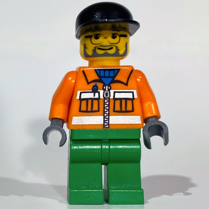 LEGO Construction Worker, Orange Jacket with Zipper and Reflective Stripes, Green Legs, Black Cap, Beard and Glasses (fig-000059)