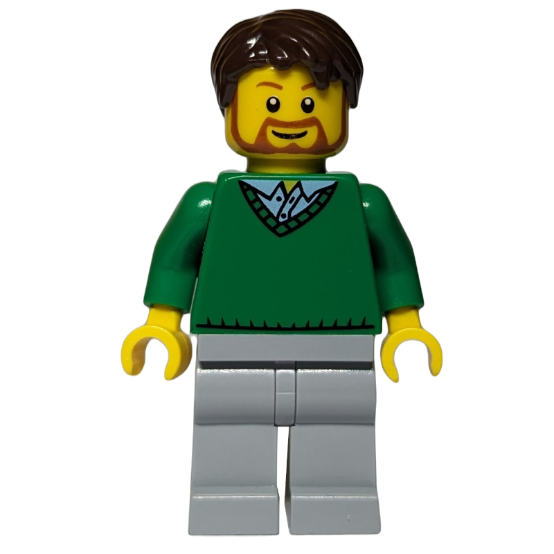 LEGO Man, Green V-Neck Sweater, Light Bluish Gray Legs, Beard (fig-000067)