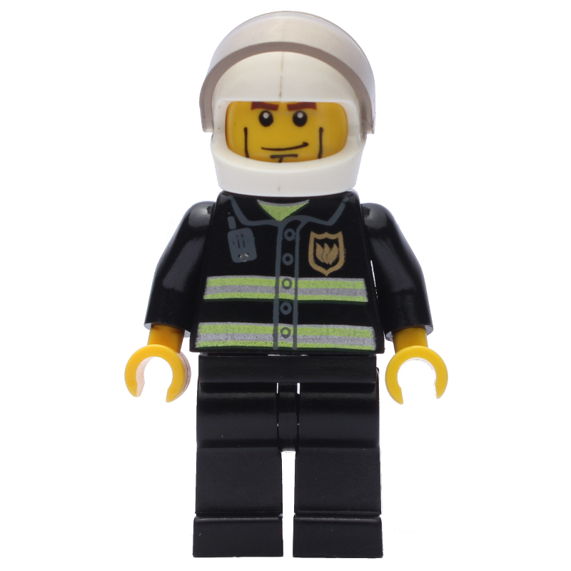 LEGO Fireman, Black Fire Jacket with Reflective Stripes, Radio, and Badge, White Helmet with Visor, Cheek Lines (fig-000087)