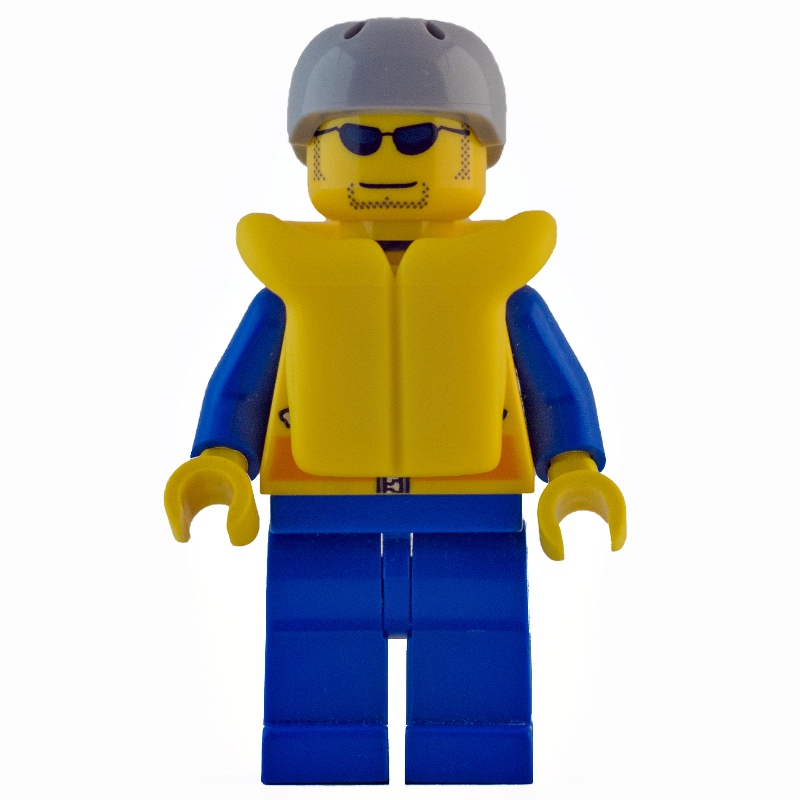 LEGO Coast Guard, Yellow Jacket with Zipper, Radio and Badge, Light Bluish Gray Helmet, Yellow Life Vest, Sunglasses (fig-000090)