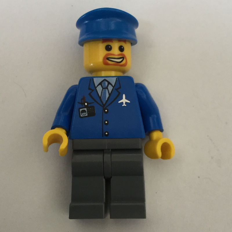 LEGO Pilot, Blue Jacket with Plane Logo and Blue Tie, Blue Hat, Goatee Beard (fig-000095)