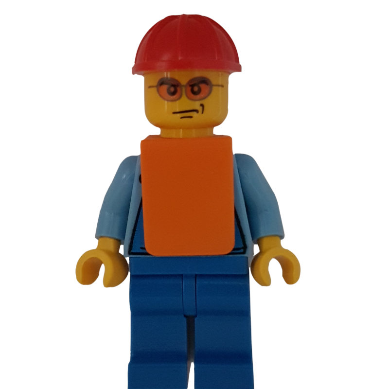 LEGO Man, Blue Overalls over Shirt, Red Hard Hat, Orange Vest, Orange Sunglasses (fig-000101)