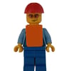 Man, Blue Overalls over Shirt, Red Hard Hat, Orange Vest, Orange Sunglasses