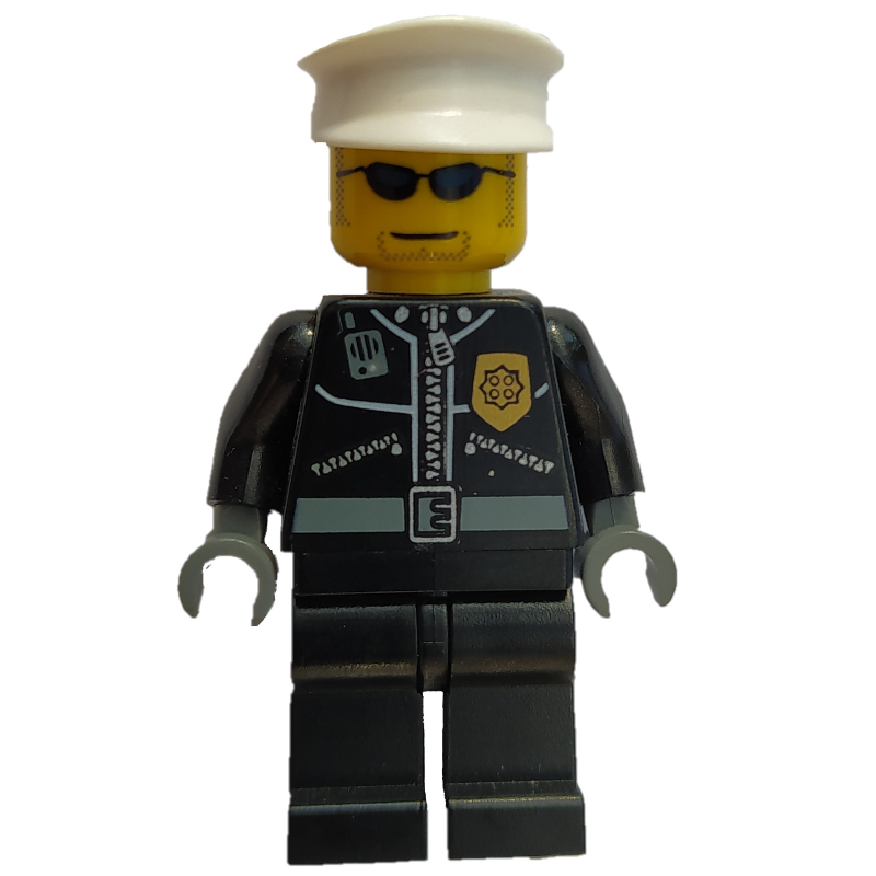 LEGO Policeman, Black Jacket with Zipper, Radio, and Badge, White Hat, Sunglasses (fig-000108)