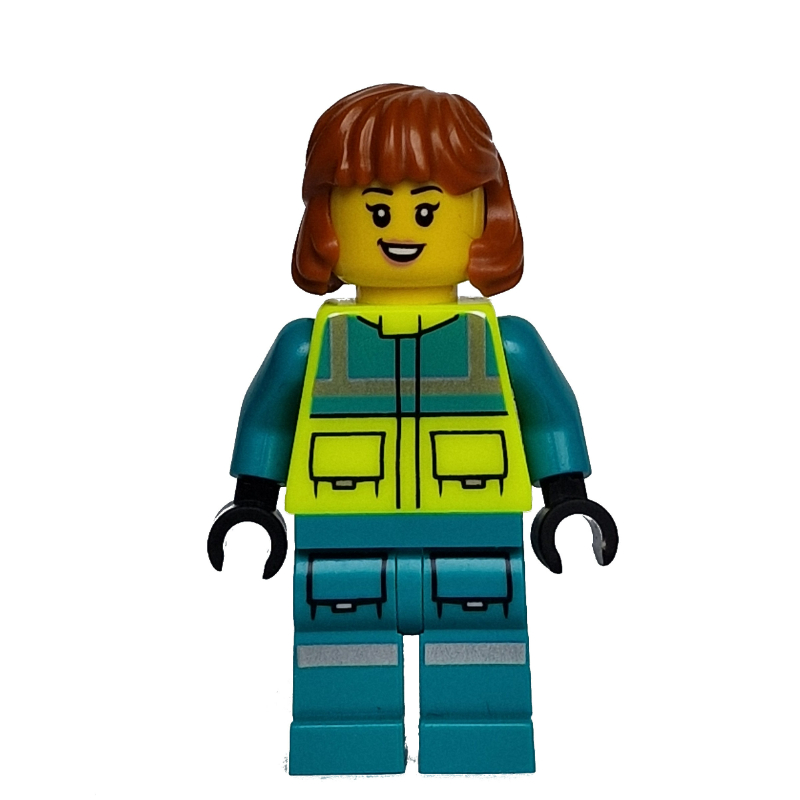 LEGO Paramedic, Vibrant Yellow Safety Vest, Dark Turquoise Legs, Dark Orange Hair (fig-000118)