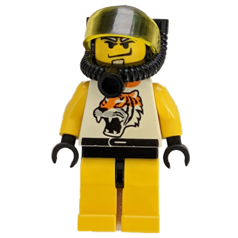 LEGO Racer, Yellow and White Outfit with Tiger, Black Diving Helmet with Visor (fig-000126)