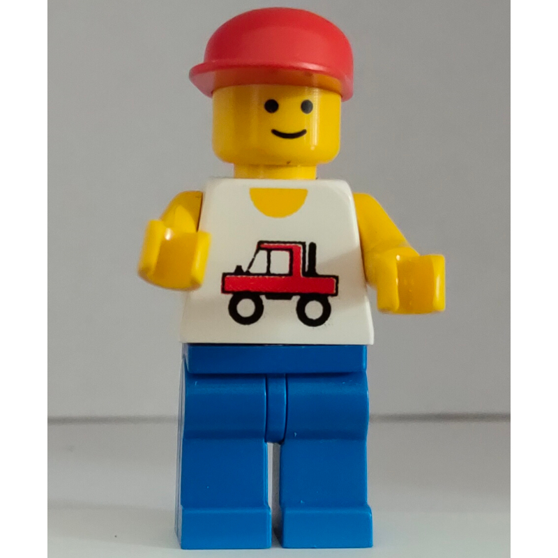 LEGO Man, White Vest with Truck, Blue Legs, Red Cap (3626a Head) (fig-000128)
