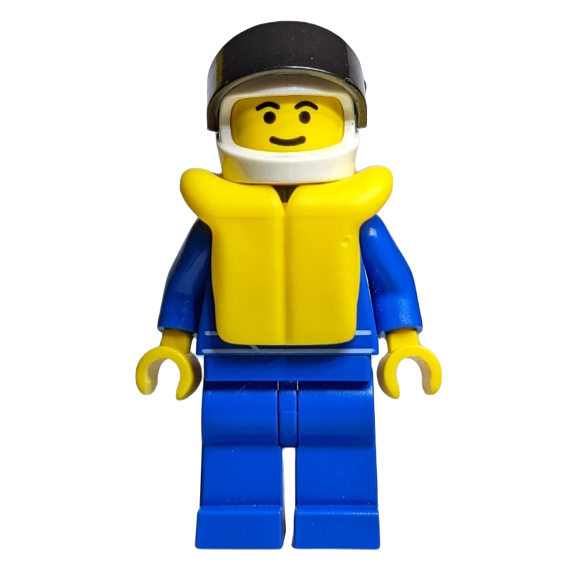 LEGO Racer, Blue Jumpsuit with Octan Logo, White Helmet with Visor, Yellow Life Vest (fig-000135)