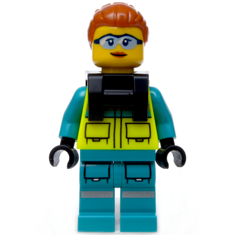 LEGO Paramedic, Vibrant Yellow Safety Vest, Dark Turquoise Legs, Dark Orange Hair, Safety Glasses (fig-000136)