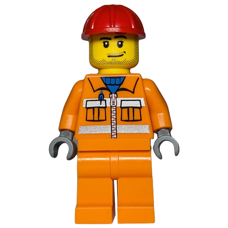 LEGO Construction Worker, Orange Jacket with Zipper and Reflective Stripes, Red Hard Hat, Stubble (fig-000140)