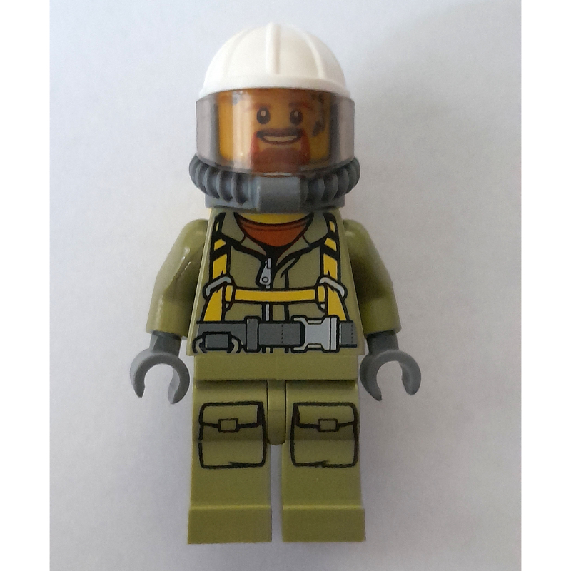 LEGO Volcano Explorer, Man, Olive Green Jumpsuit with Straps, White Hard Hat with Visor, Breathing Apparatus, Airtanks, Goatee Beard (fig-000141)