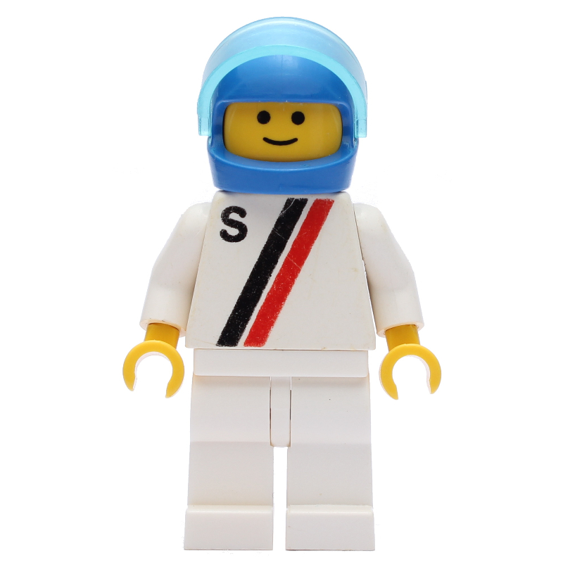 LEGO Racer, White Shirt with Two Stripes and 'S', White Legs, Blue Helmet with Visor (fig-000146)
