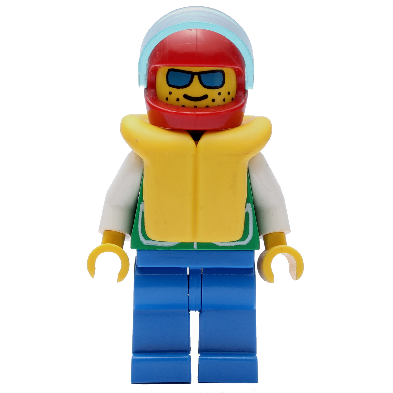 LEGO Man, Green Jacket, Blue Legs, Red Helmet with Visor, Yellow Life Vest, Blue Sunglasses (fig-000155)