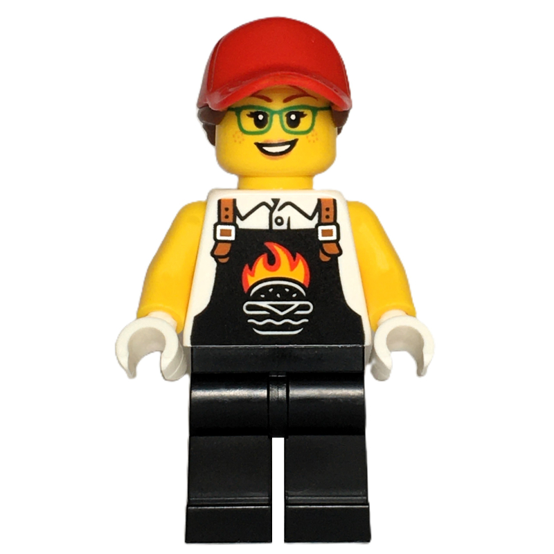 LEGO Chef, Black Apron with Flaming Burger, Black Legs, Red Cap, Glasses (fig-000161)