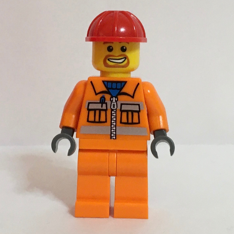 LEGO Construction Worker, Orange Jacket with Zipper and Reflective Stripes, Red Hard Hat, Goatee Beard (fig-000162)