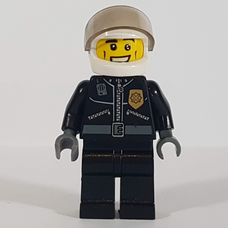 LEGO Policeman, Black Jacket with Zipper, Radio, Badge, and 'POLICE' on Back, White Helmet with Visor, Open Mouth (fig-000164)