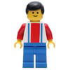 Soccer Player White Torso with Blue/Red Stripes, Blue Legs, Black Hair