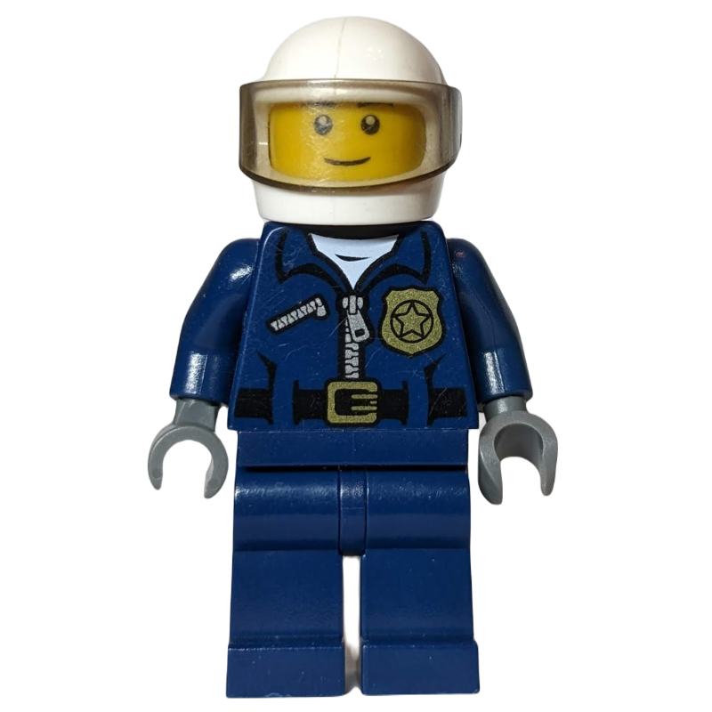 LEGO Policeman, Dark Blue Jacket with Zipper, Badge, and 'POLICE' on Back, White Helmet with Visor (fig-000169)