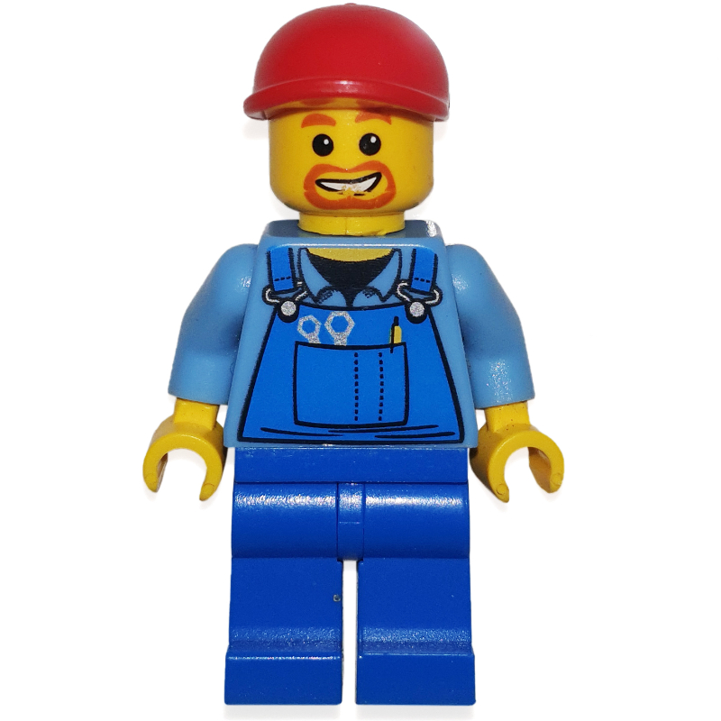 LEGO Man, Blue Overalls over Shirt, Blue Legs, Red Cap, Goatee Beard (fig-000175)