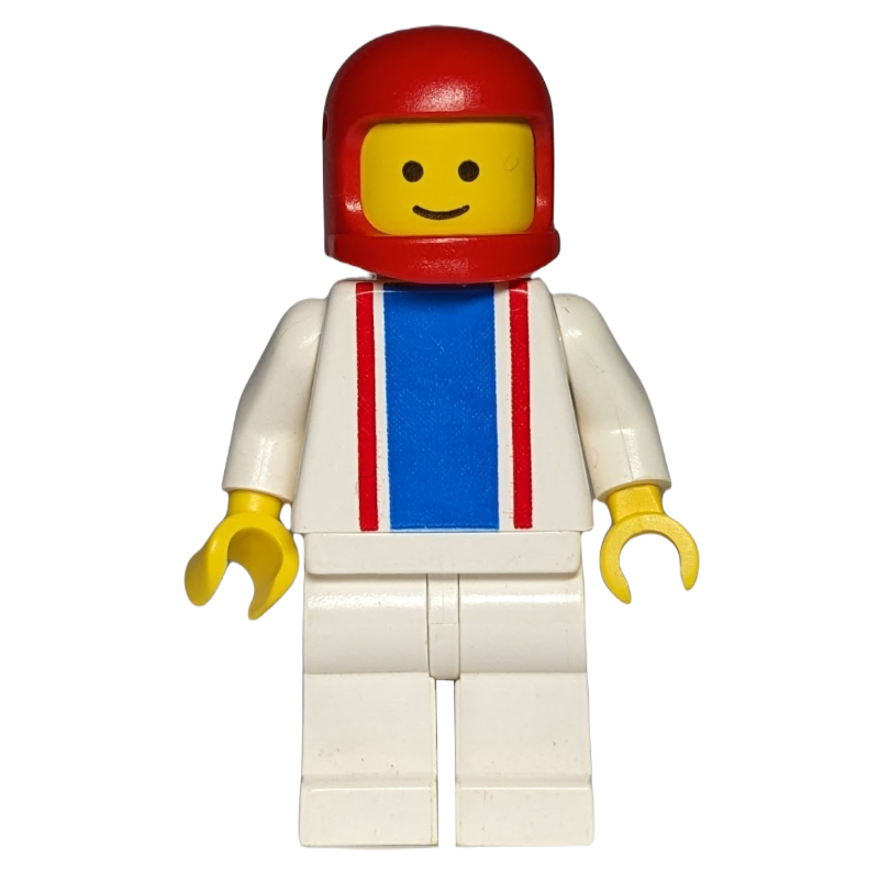 LEGO Man, White Torso with Red and Blue Stripes, White Legs, Red Helmet (fig-000181)