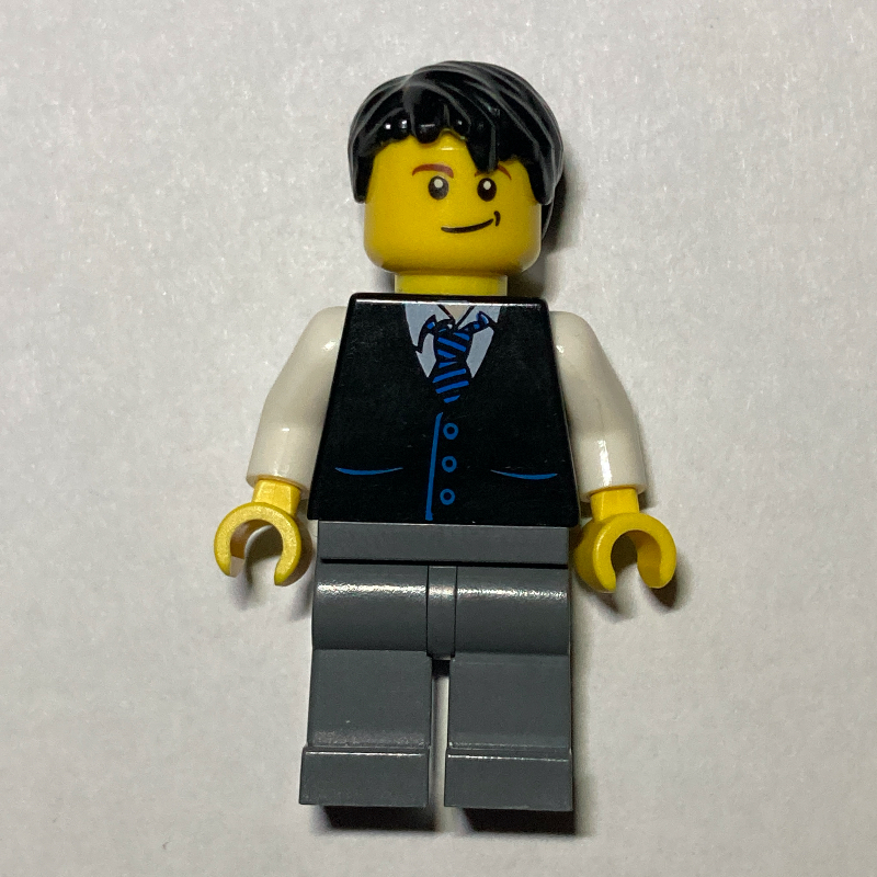 LEGO Man, Black Vest and Tie, Dark Bluish Gray Legs, Black Hair (fig-000182)