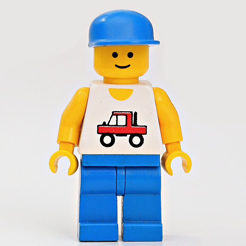 LEGO Man, White Vest with Truck, Blue Legs, Blue Cap (3626a Head) (fig-000183)
