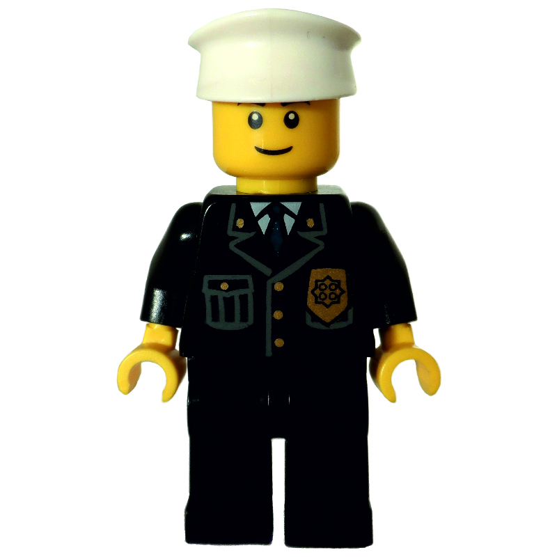 LEGO Policeman, Black Jacket with Pocket and Badge, White Hat, Smile, Brown Eyebrows (fig-000185)