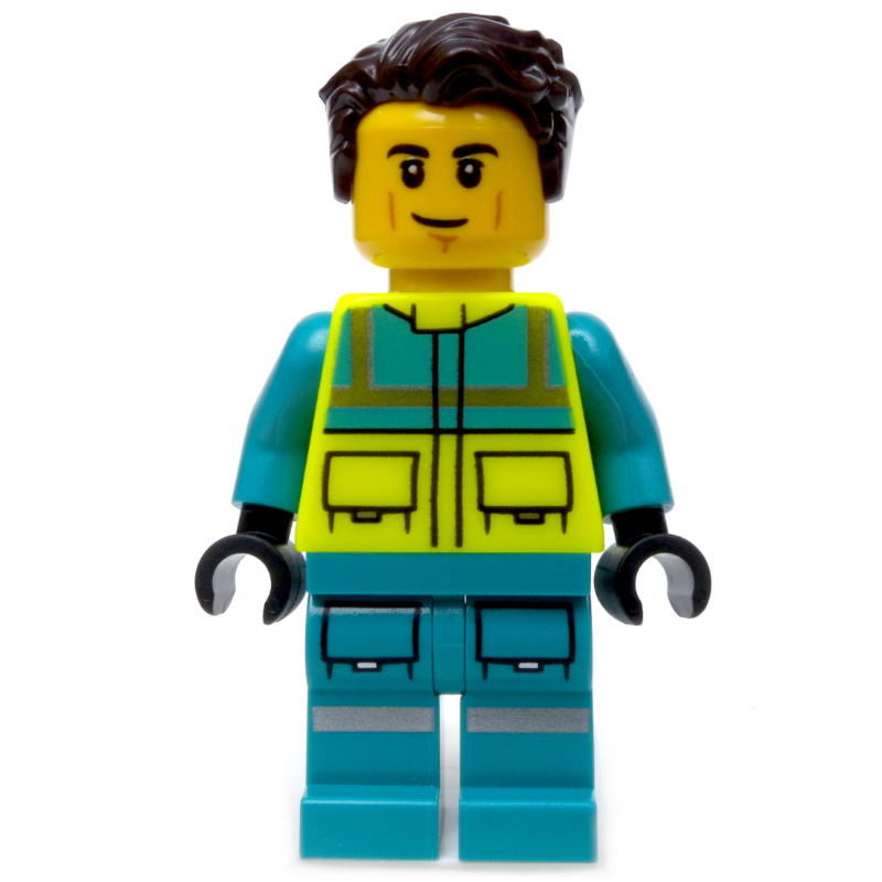 LEGO Paramedic, Vibrant Yellow Safety Vest, Dark Turquoise Legs, Dark Brown Hair (fig-000187)