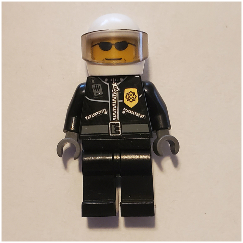 LEGO Policeman, Black Jacket with Zipper, Radio, and Badge, White Helmet and Visor, Sunglasses (fig-000198)