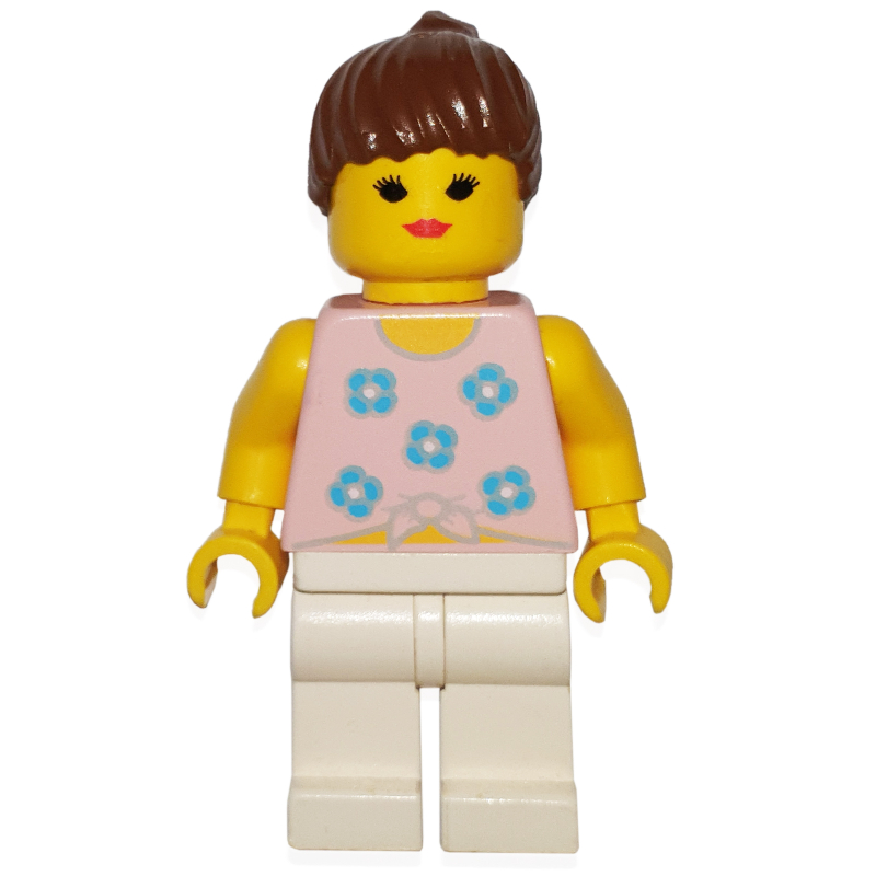 LEGO Woman, Tied Pink Tank Top with Flowers, White Legs, Black Hair (fig-000200)