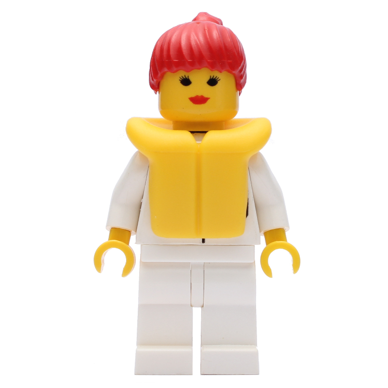 LEGO Woman, White Shirt with Pockets, White Legs, Red Hair, Yellow Life Vest (fig-000203)