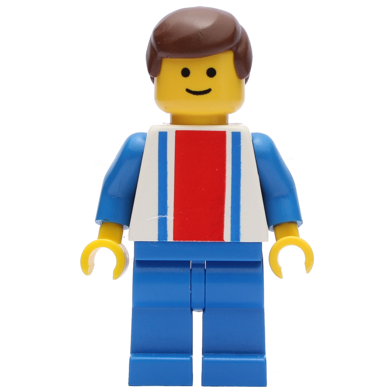 LEGO Man, White Top with Large Red Stripe and 2 Blue Stripes, Blue Legs, Brown Hair (fig-000207)