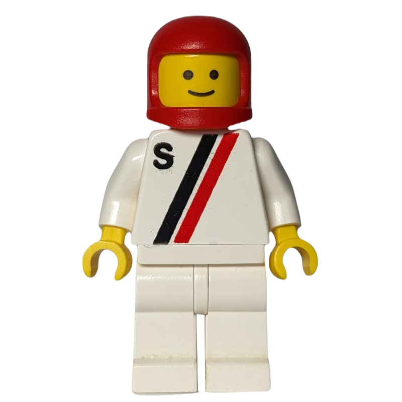 LEGO Racer, White Shirt with Two Stripes and 'S', White Legs, Red Helmet (fig-000220)