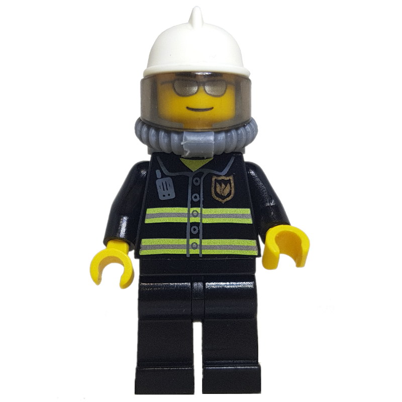 LEGO Fireman, Black Fire Jacket with Reflective Stripes, Radio, and Badge, White Helmet, Breathing Apparatus, Airtanks, Silver Sunglasses (fig-000226)