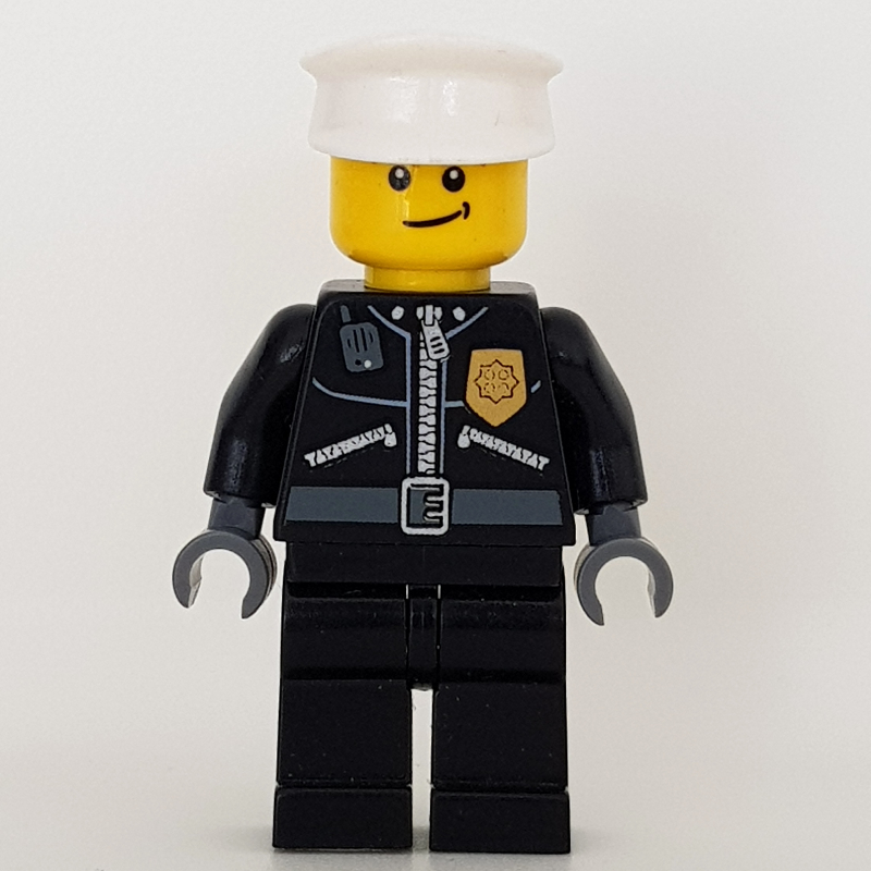 LEGO Policeman, Black Jacket with Zipper, Radio, Badge, and 'POLICE' on Back, White Hat (fig-000243)