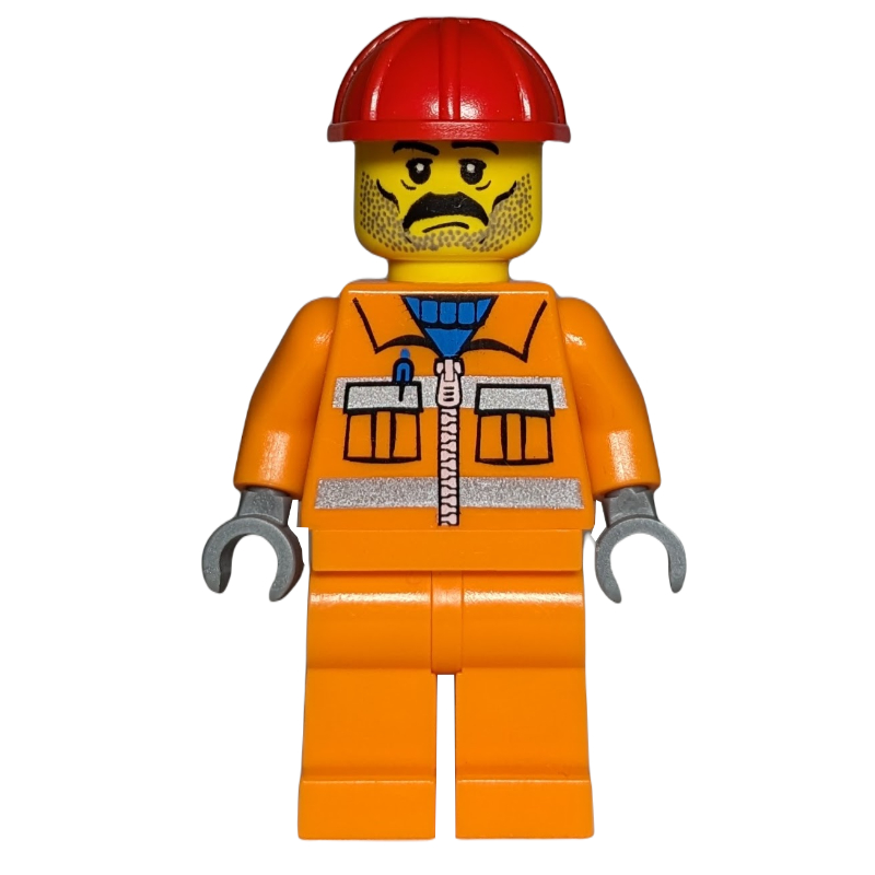 LEGO Construction Worker, Orange Jacket with Zipper and Reflective Stripes, Orange Legs, Red Hard Hat, Moustache and Stubble (fig-000248)