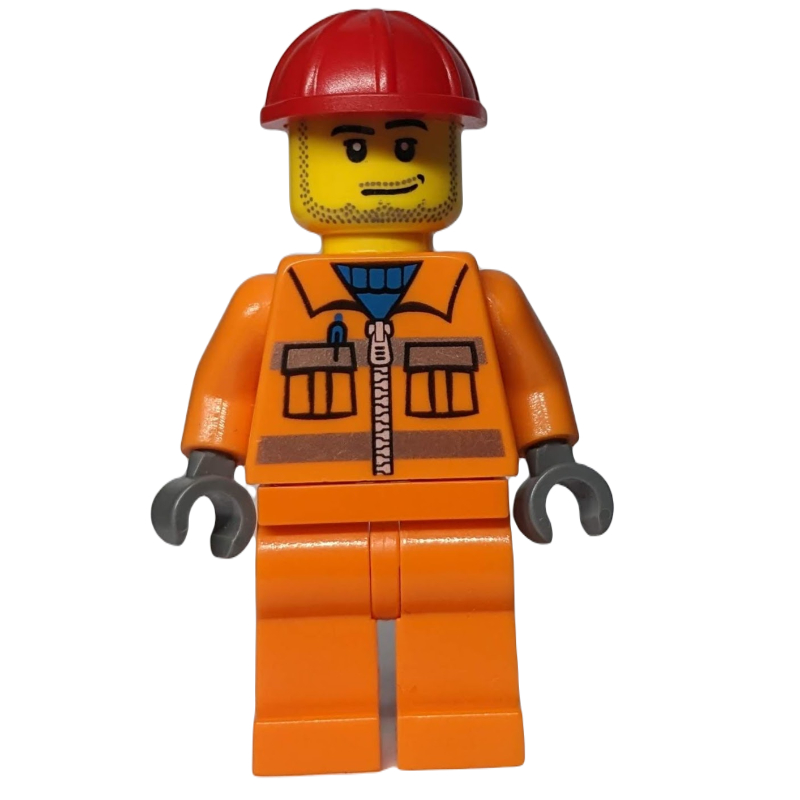 LEGO Construction Worker in Orange Jacket with Zipper and Reflective Stripes, Red Helmet, Smirk and Stubble Beard (fig-000254)