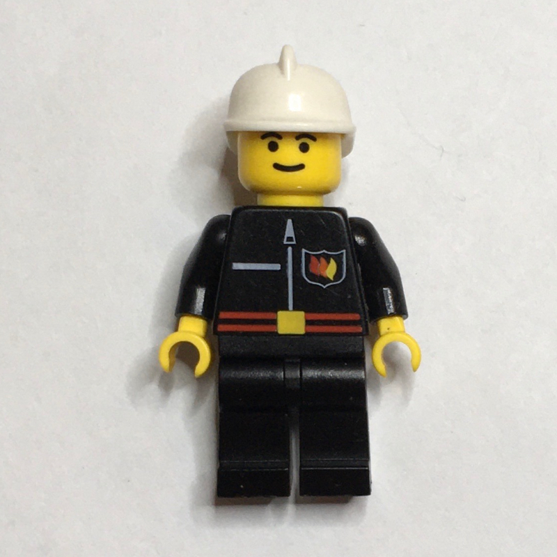 LEGO Fireman, Black Fire Jacket with Red Belt and Badge, White Helmet (fig-000258)