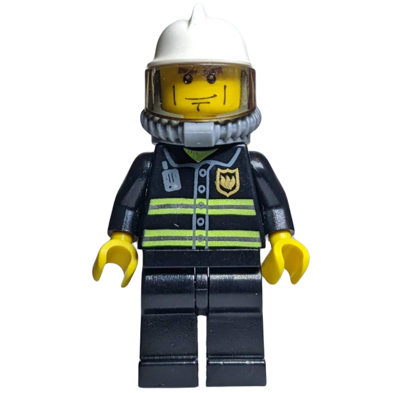 LEGO Fireman, Black Fire Jacket with Radio and Badge, White Helmet, Airtanks, Breathing Apparatus (fig-000266)