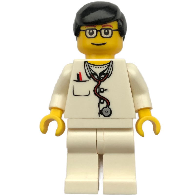 LEGO Doctor, White Torso with Stethoscope and Pocket, White Legs, Black Hair, Glasses (fig-000271)