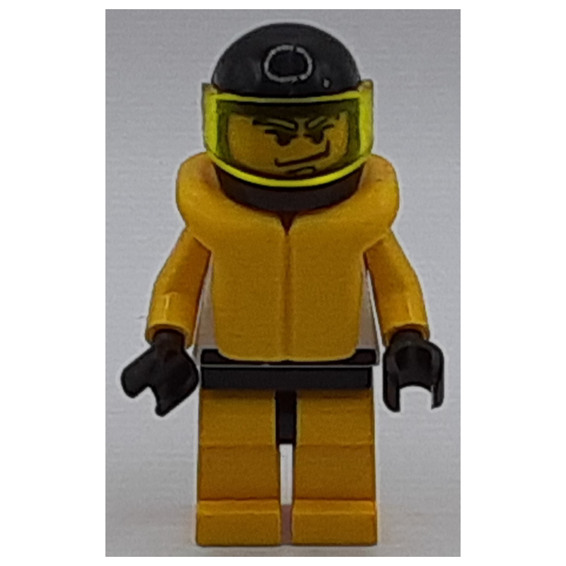 LEGO Racer, Yellow and White Outfit with Tiger, Black Helmet with Visor, Yellow Life Vest (fig-000283)