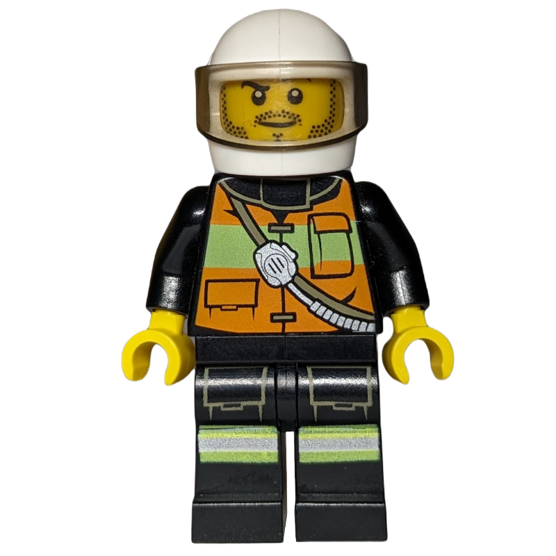LEGO Fireman, Orange Safety Vest with Radio, White Helmet with Visor, Stubble (fig-000284)