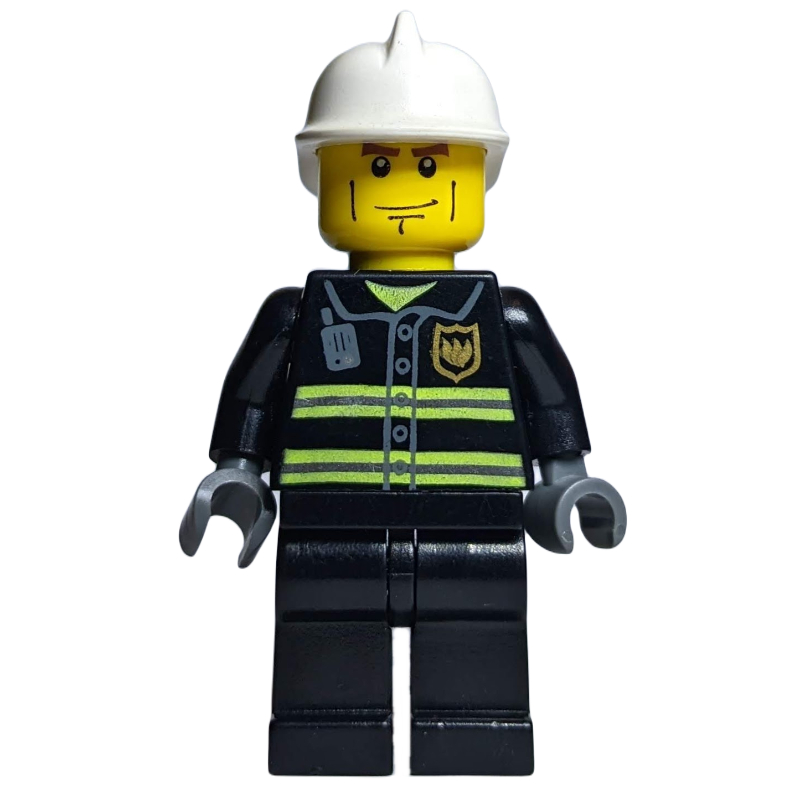 LEGO Fireman, Black Fire Jacket with Reflective Stripes, Radio, and Badge, Dark Bluish Gray Hands, White Helmet, Cheek Lines (fig-000296)