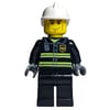 Fireman, Black Fire Jacket with Reflective Stripes, Radio, and Badge, Dark Bluish Gray Hands, White Helmet, Cheek Lines