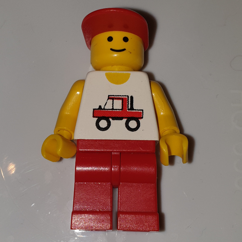 LEGO Man, White Vest with Truck, Red Legs, Red Cap (fig-000304)