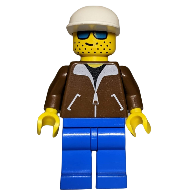 LEGO Man, Brown Jacket, Blue Legs, White Cap, Blue Sunglasses (fig-000308)